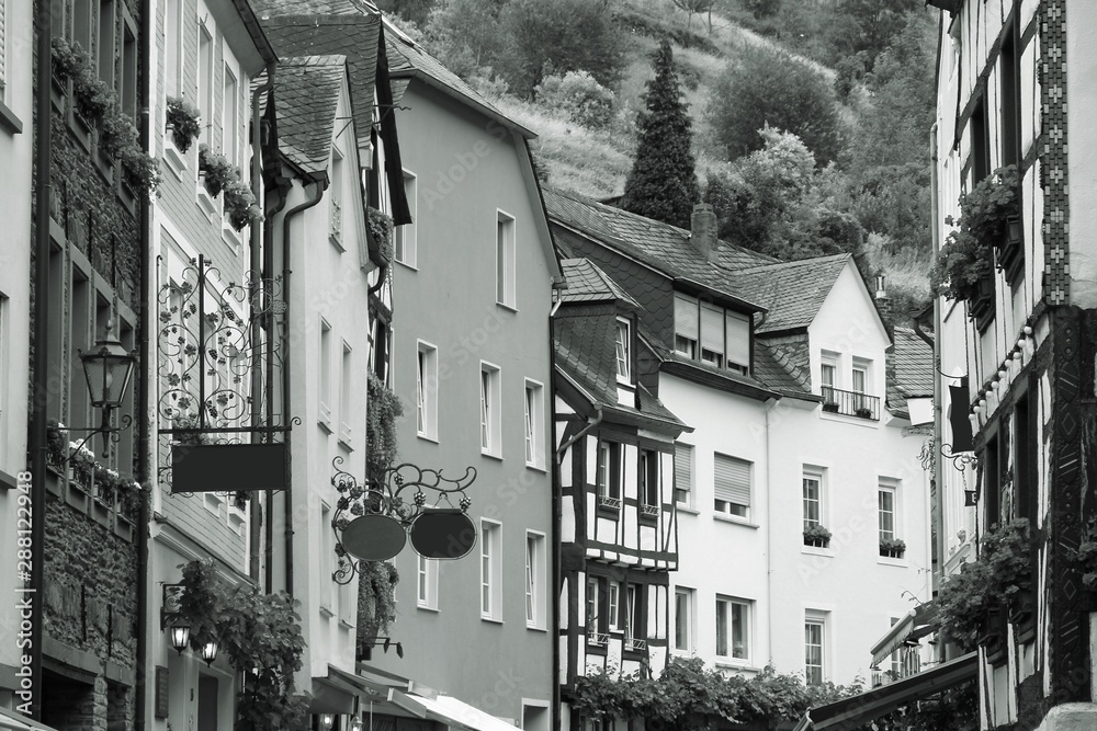Bernkastel-Kues town in Germany. Black and white retro style.