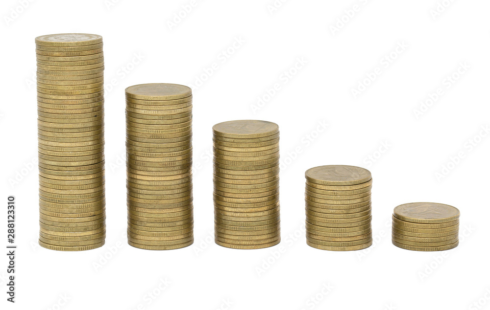Gold coins stacks isolated on white background. Saving, Coin stack growing business. Investment money concept. Gold coins stacks isolated on white background. Saving, Coin stack growing business. Investment money concept.