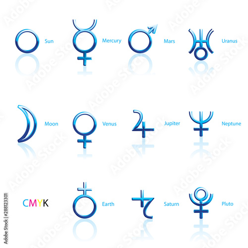 Collection of Astrological Planets Symbols on a White Backdrop. Signs Collection: Sun Earth Moon Saturn Uranus Neptune Jupiter Venus Mars Pluto Mercury