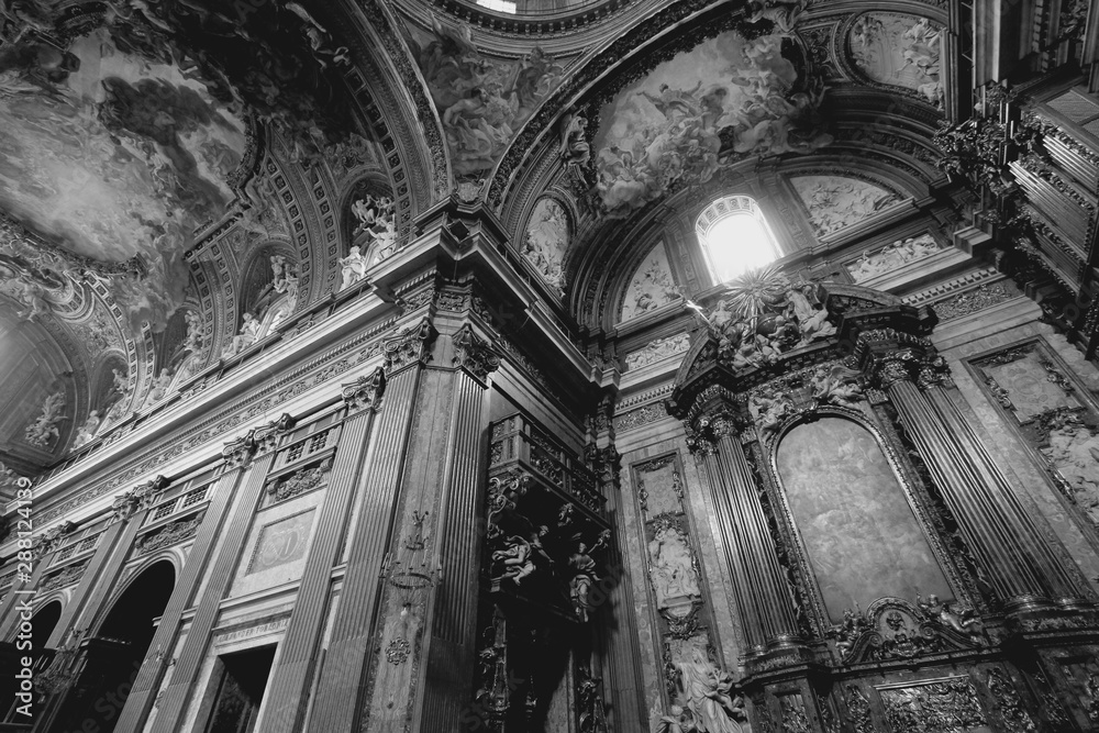 Gesu Church, Rome. Black and white vintage style.