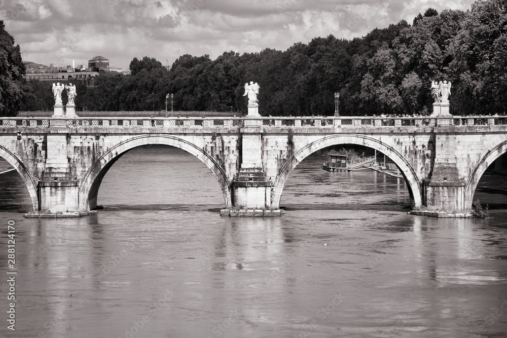 Sant Angelo Bridge, Rome. Black and white vintage style.