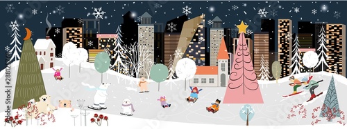 Panorama Winter landscape, Christmas and new year celebrated in the city,Vector of horizontal banner winter wonderland in the town with happy kids sledding and couple with skiing in the park