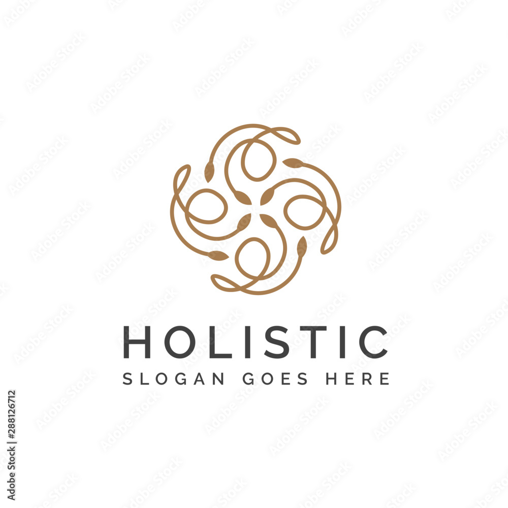 Holistic medical and health wellness logo design with gold leaf line pattern and white background