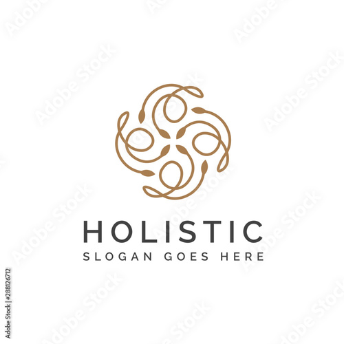 Holistic medical and health wellness logo design with gold leaf line pattern and white background