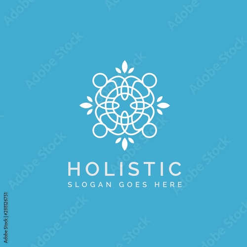 Holistic medical and health wellness logo design with human leaf line pattern and light blue background
