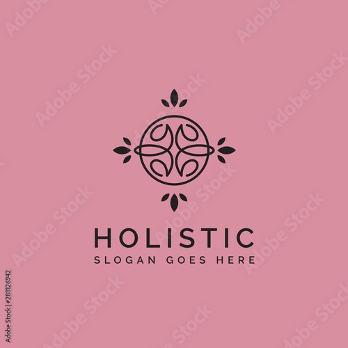 Holistic medical and health wellness logo design with leaf line pattern in black and pink color