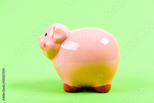 Come to work and get your first salary. money saving. financial problem. income management. planning budget. piggy bank on green background. fat ceramic pig. full of money. luck and success