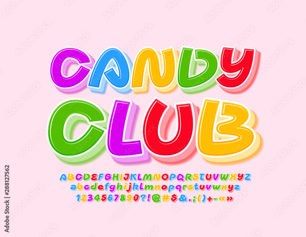 Vector colorful Sign Candy Club. Colorful Kids Font. Bright 3D Alphabet Letters and Numbers.