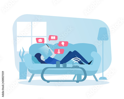 Woman laying down while studying and learning online with smartphone. Online education, e-learning, online courses concept. Illustration for website, landing page and business presentation