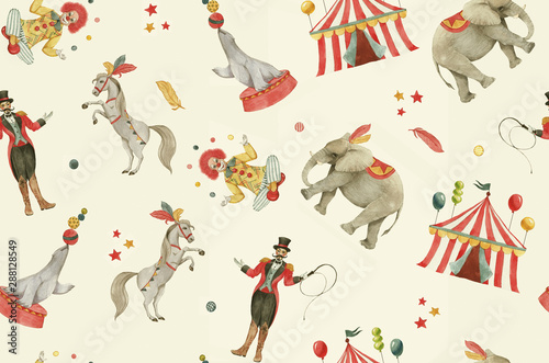 Hand drawn watercolor seamless pattern with circus animals, clown, tent, artists. Childish cartoon colorful background, repeated circus pattern in retro style © anastasianio