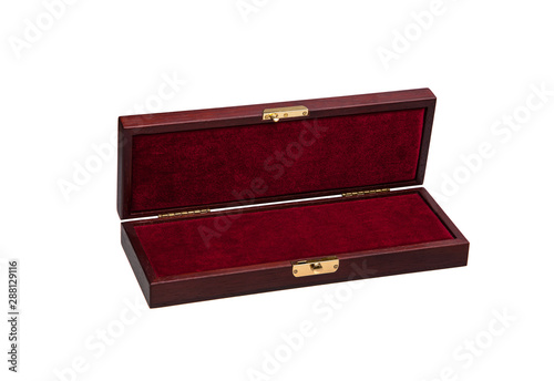 An open wooden box with gilded locks. Luxury packaging for anything.