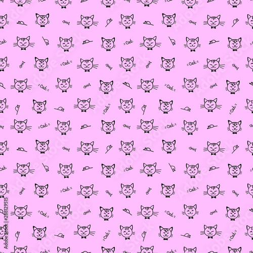 Seamless pattern with cats. Black cat pattern on pink background. Hand-drawn. The silhouette of the animal. Wallpaper and fabric design and decor. Seamless print illustration for kids, girls