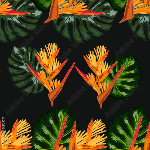 Seamless pattern of Heliconia flowers or lobster-claws and tropical leaf background