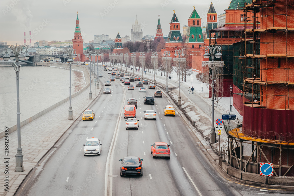 Obraz premium Kremlin, Moscow, embankment, river, winter, Russia, walls, towers,