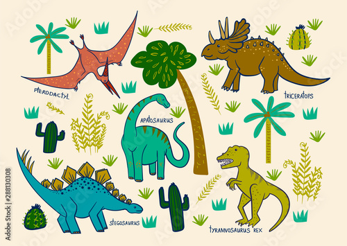 children's card with dinosaurs: triceratops, pterodactyl, apatosaurus, stegosaurus, tyrannosaurus rex