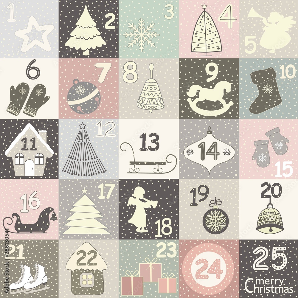 Christmas advent calendar with Christmas symbols. Winter holidays poster