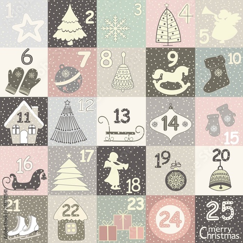 Christmas advent calendar with Christmas symbols. Winter holidays poster