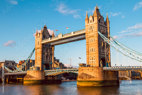 Tower Bridge in London illuminated by the setting sun