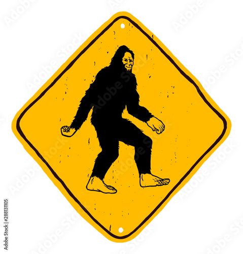 Bigfoot road sign - yellow diamond shape warning hand drawn sign with yeti - beware of sasquatch