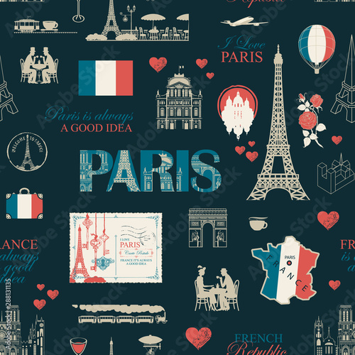 Vector seamless pattern on France and Paris theme with drawings, inscriptions, architectural landmarks, map and flag of French republic in retro style. Can be used as wallpaper, wrapping paper, fabric