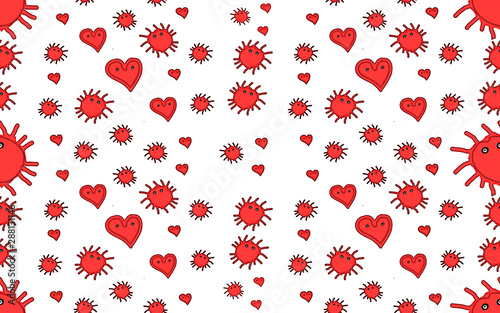 children seamless pattern red hearts and sun on white background