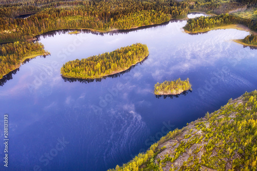 Forest lake with islands an...