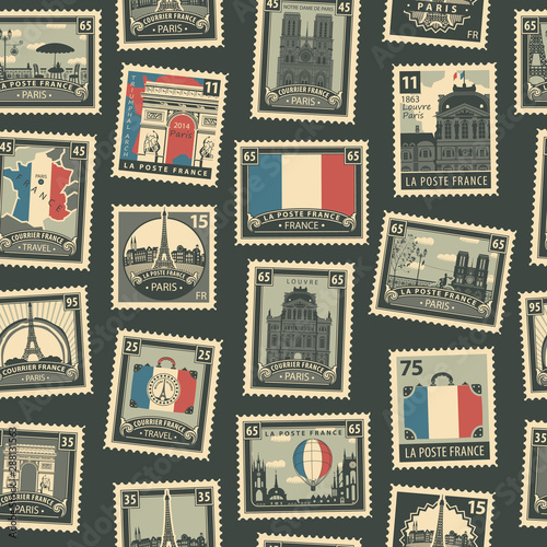 Vector seamless pattern with postage stamps on theme of France and Paris in retro style. French architectural landmarks, map and flag. Can be used as wallpaper, wrapping paper, fabric