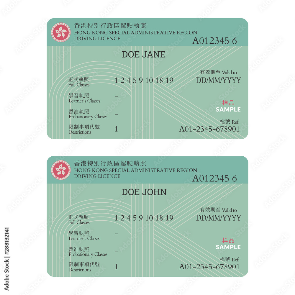 Two Hong Kong driving licenses are displayed, one under the name Doe Jane and the other under the name Doe John, with both showing valid expiration dates and sample restrictions, illustrating the process of licensing verification and issuance.
