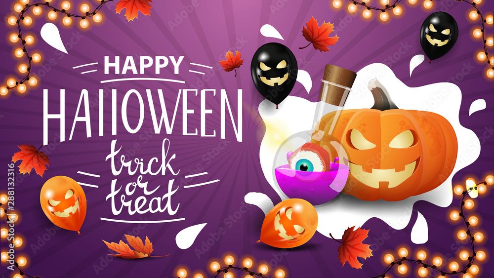 Happy Halloween, trick or treat, creative greeting purple postcard with water drop minimal design, pumpkin Jack and witch's potion Happy Halloween, trick or treat, creative greeting purple postcard with water drop minimal design, pumpkin Jack and witch's potion