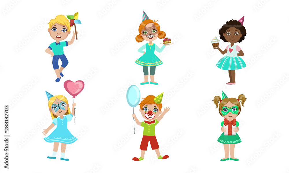 Happy Boys and Girls Having Fun at Birthday Party, Carnival or Masquerade Set Vector Illustration