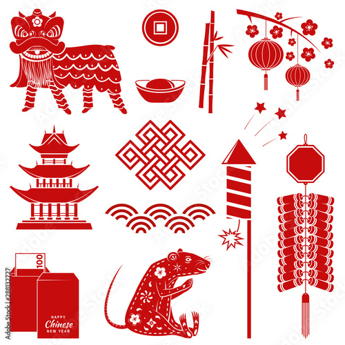 Set of red chinese new year silhouette icons. Vector. Set include firecracker, chinese lion, rat, envelope, money and equipment for chinese new year celebration.