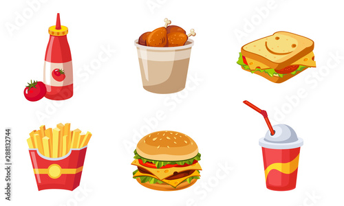 Fast Food Dishes Set, Ketchup Bottle, Drumstick, Sandwich, French Fries, Hamburger, Soda Drink Vector Illustration
