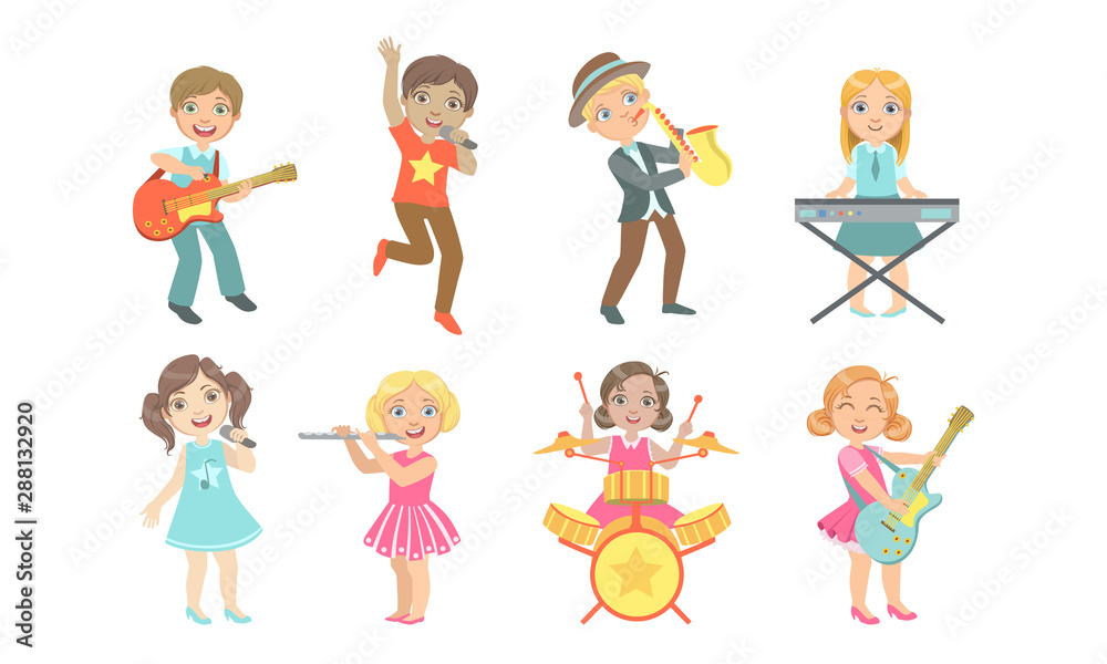 Kids Playing Musical Instruments and Singing Set, Talented Boys and Girls Musicians Performing On Stage Vector Illustration