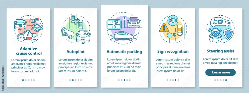 Self-driving car features onboarding mobile app page screen with linear concepts. Driverless vehicle walkthrough steps graphic instructions. UX, UI, GUI vector template with illustrations