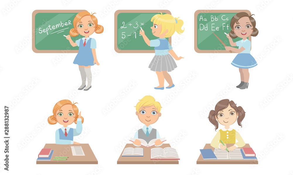 Kid Reading Books Set, Students Studying at School Vector Illustration Kid Reading Books Set, Students Studying at School Vector Illustration