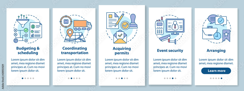 Event planning onboarding mobile app page screen with linear concepts. Budgeting and scheduling, arranging, transportation walkthrough steps graphic instructions. UX, UI, GUI vector template