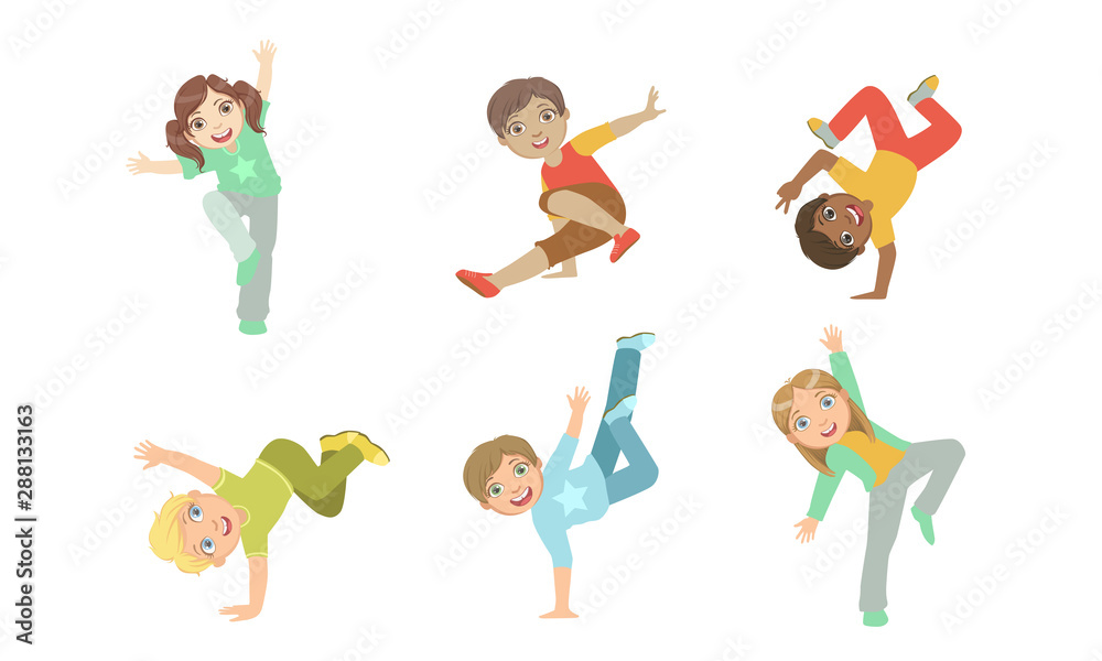Cute Kids Dancing Break Dance Set, Boys and Girls Performing Modern Dance Vector Illustration Cute Kids Dancing Break Dance Set, Boys and Girls Performing Modern Dance Vector Illustration