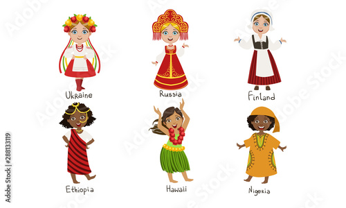 Kids in Traditional Costumes Set  Ukraine  Russia  Finland  Ethiopia  Hawaii  Nigeria Vector Illustration