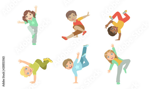 Cute Kids Dancing Break Dance Set, Boys and Girls Performing Modern Dance Vector Illustration