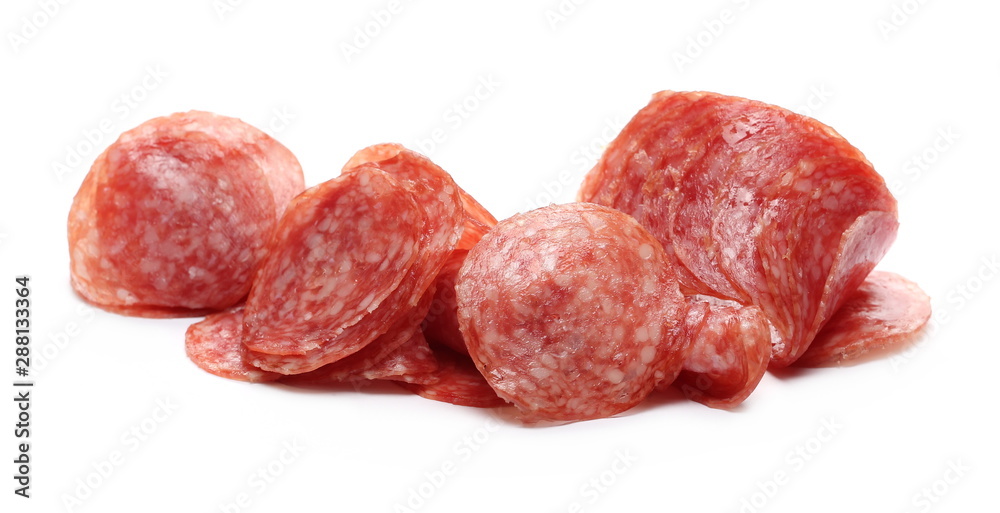 Salami slices isolated on white background Salami slices isolated on white background