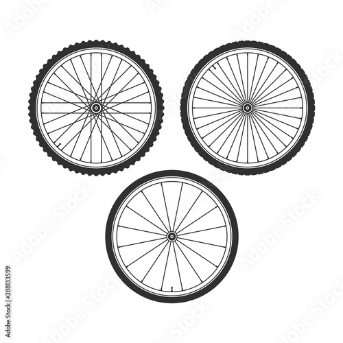 Bicycle wheel icons set. Bike rubber. Mountain tyre. Set with 3 different wheels. Vector illustration in flat style. EPS 10.