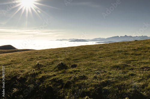 above all - beautiful aerial upper view on scenic landscape in iraty mountains, with low sea of clouds