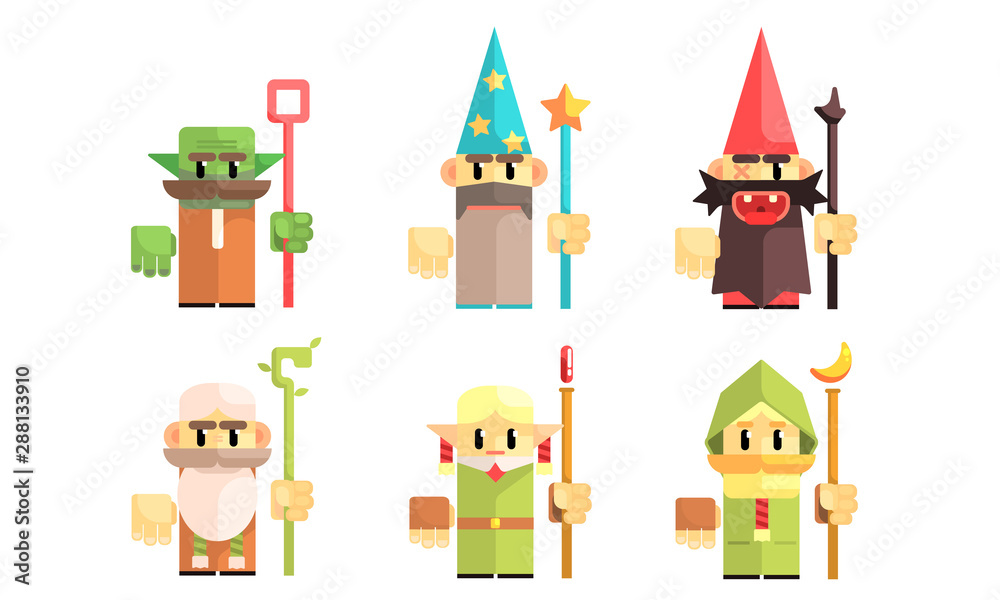 Obraz premium Sorcerers and Dwarves Set, Fairy Tale Design Elements, Fantasy Game Heroes Vector Illustration