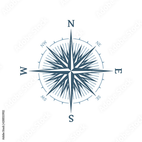 Wind rose vector illustration. Nautical compass icon isolated on white background. Vintage or retro nautical and marine navigation concepts. Design element for marine theme and heraldry. EPS 10.