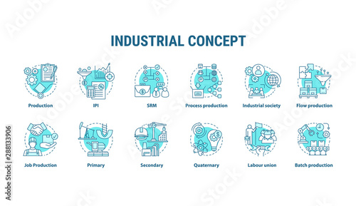 Industrial blue concept icons set. Economy segment idea thin line illustrations. Primary, secondary industry. Batch production, labour union. Vector isolated outline drawings. Editable stroke photo