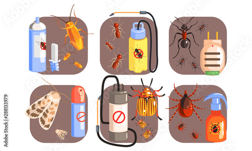 Pest Control Icons Set, Extermination of Harmful Insects, Tick, Cockroach, Moth, Ant, Termite Vector Illustration