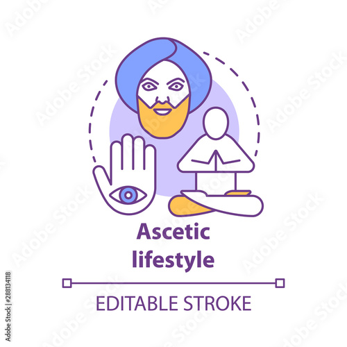 Ascetic lifestyle concept icon. Severe self-discipline for religious reasons idea thin line illustration. Achieve spirituality, find inner peace. Vector isolated outline drawing. Editable stroke