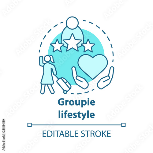 Groupie lifestyle blue concept icon. Seeking personal gain following celebrity idea thin line illustration. Obsessive attachment to musician. Vector isolated outline drawing. Editable stroke