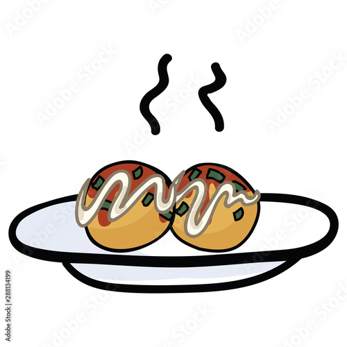Cute octopus balls on plate vector. Hand drawn Japanese cultural snack.