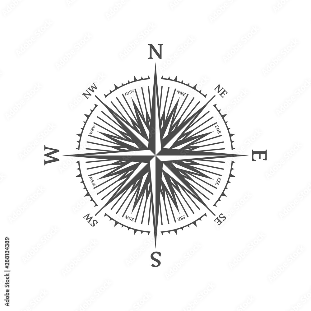 Wind rose vector illustration. Nautical compass icon isolated on white background. Vintage or retro nautical and marine navigation concepts. Design element for marine theme and heraldry. EPS 10.